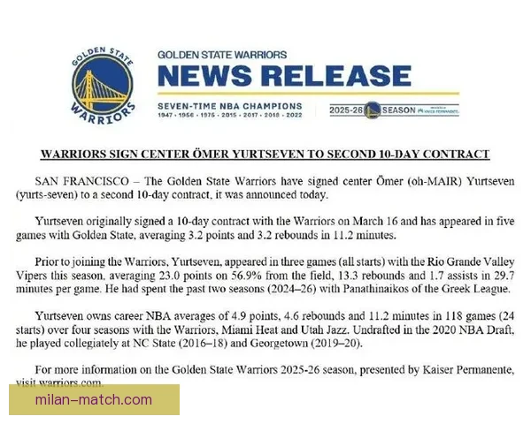 勇士与尤尔特塞文续签第二份10天短约 展现出色表现获得认可